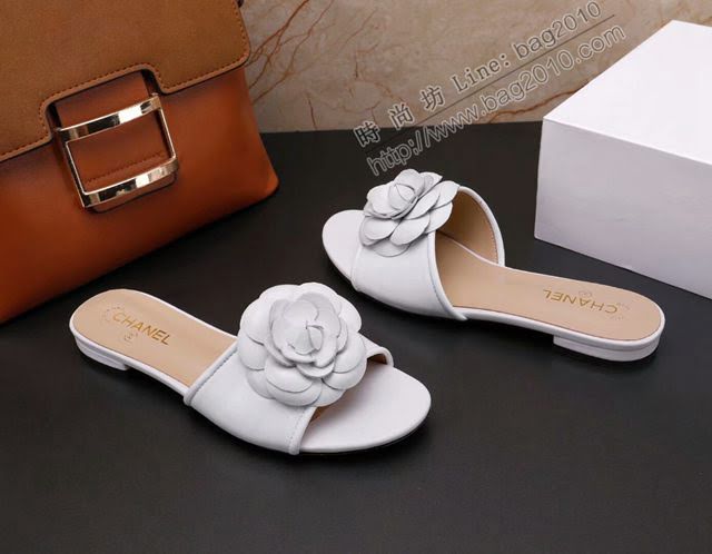 Chanel女鞋 香奈兒2020新款 山茶花平底拖鞋 白花白色  naq1113
